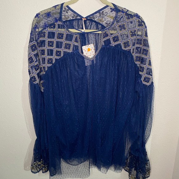 Free People Joyride Embroidered Sheer Mesh Long Sleeve Top M - Picture 2 of 8